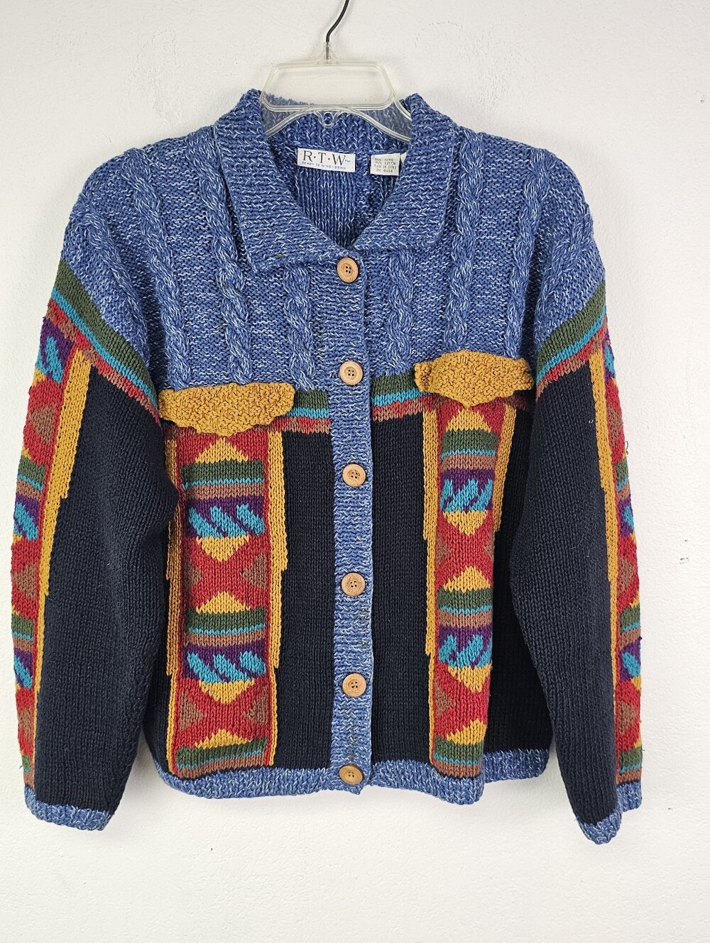 VTG RTW Chunky Knit Blue Multicolor Geometric Cardigan Sweater  Sz M  Grannycore